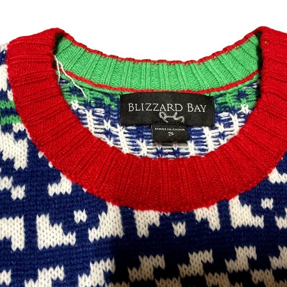 Blizzard Bay Ugly Christmas Sweater Sz Small Santa Riding T Rex Blue Red Unisex - Picture 3 of 5
